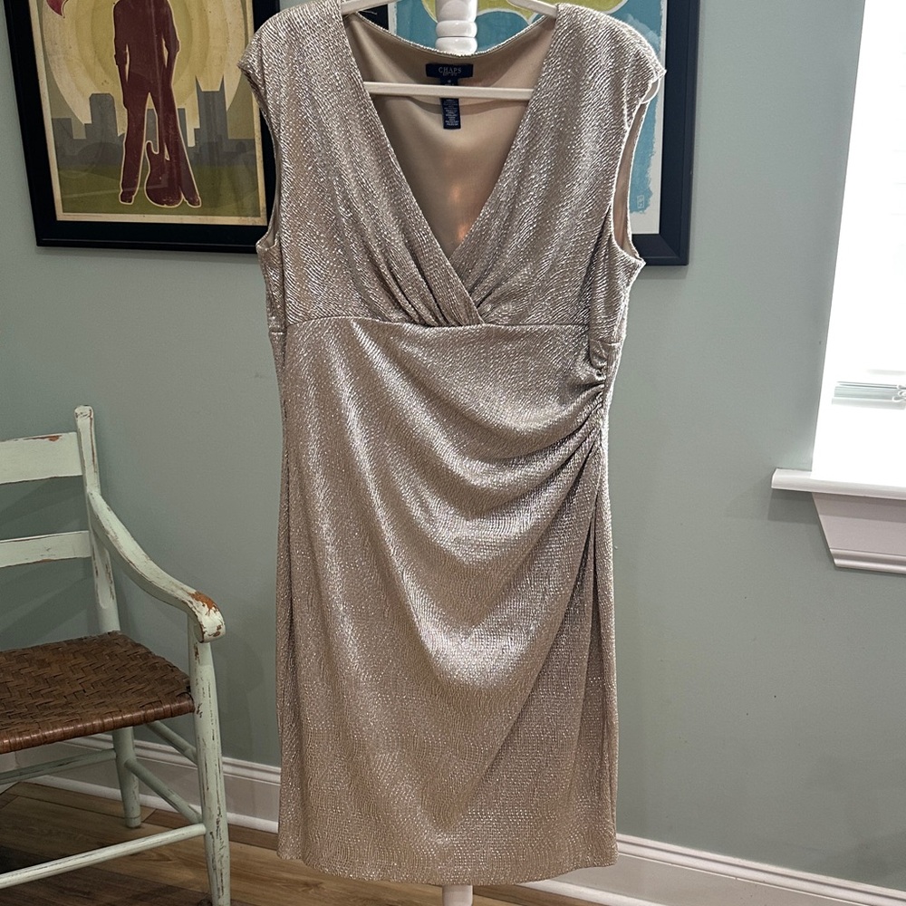 16 womens Chaps Silver Gold Draped Midi Dress Empire waist flattering SHIMMERY